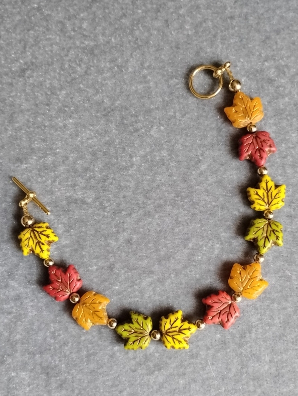 Hand Crafted Czech Glass Leaf And Gold Toggle Bracelet